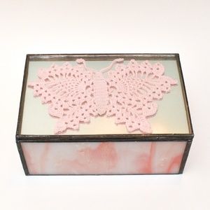 Pink Crochet Butterfly & Slag Glass Trinket Box